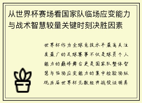 从世界杯赛场看国家队临场应变能力与战术智慧较量关键时刻决胜因素